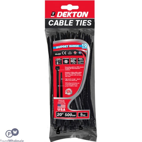 DEKTON 10 PIECE 9MM X 500MM BLACK CABLE TIES