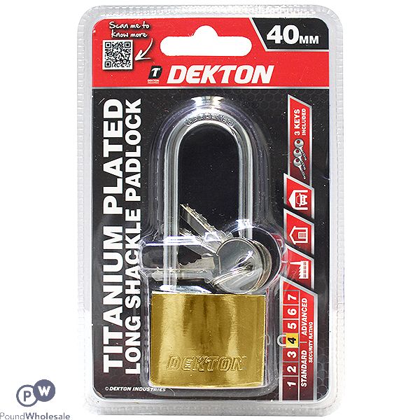 Dekton 40mm Titanium Plated Long Shackle Padlock With 3 Keys