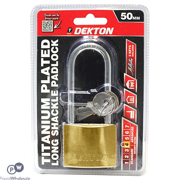 Dekton 50mm Titanium Plated Long Shackle Padlock With 3 Keys