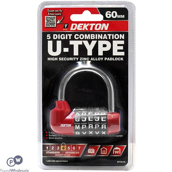 DEKTON 5 DIGIT COMBINATION U-TYPE ZINC ALLOY PADLOCK 60MM