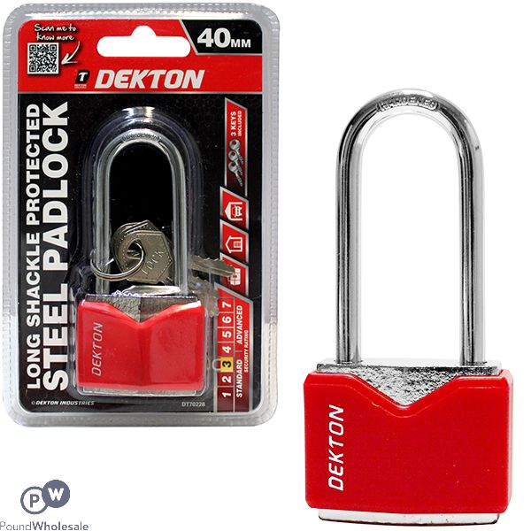 Dekton 40mm Long Shackle Protected Steel Padlock With 3 Keys