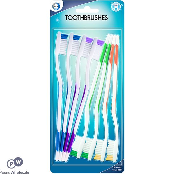 DID Assorted Colour Adult Toothbrushes 8 Pack