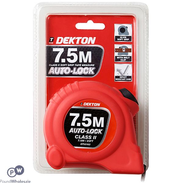 DEKTON HI-VIS RED SOFT GRIP AUTO-LOCK TAPE MEASURE 7.5M