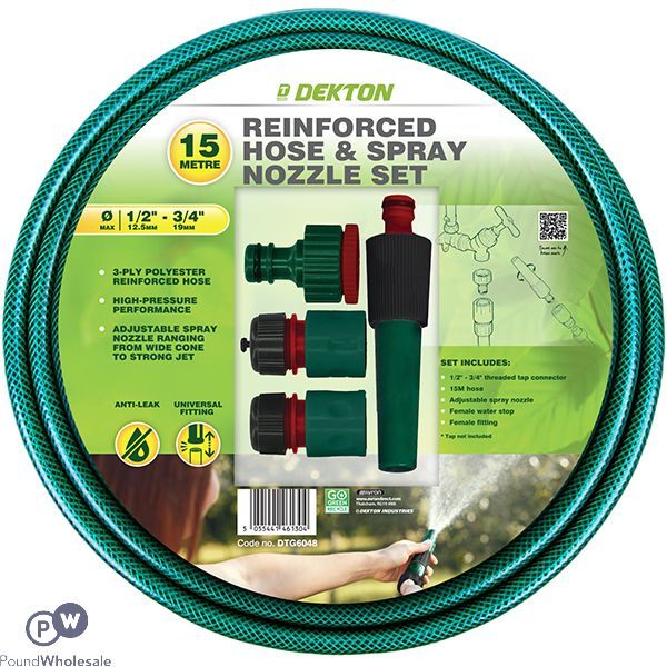 Dekton Universal Reinforced Garden Hose & Spray Nozzle Set 15m