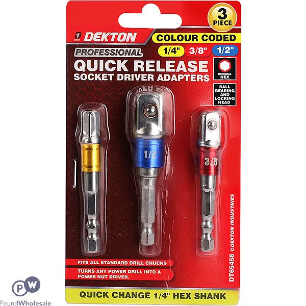 Dekton Colour-coded 1/4" Hex Shank Quick Release Socket Driver Adapters 3 Pack
