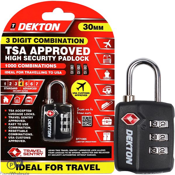 Dekton 3 Digit Combination Tsa Approved High Security Travel Padlock 30mm