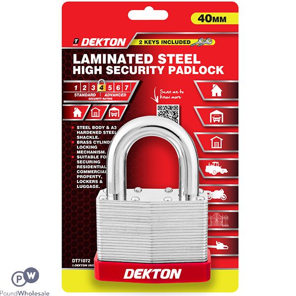 Dekton Laminated Steel High Security Padlock With 2 Keys 40mm
