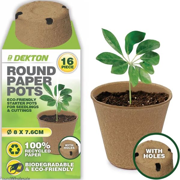 Dekton Biodegradable Round Paper Plant Pots 8cm X 7.6cm 16 Pack