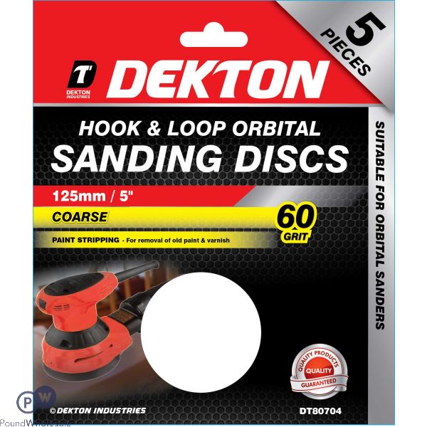 DEKTON 125MM HOOK & LOOP ORBITAL SANDING DISCS 5 PACK 60 GRIT