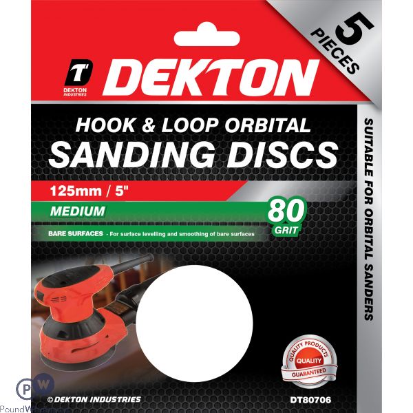 DEKTON 125MM HOOK & LOOP ORBITAL SANDING DISCS 5 PACK 80 GRIT