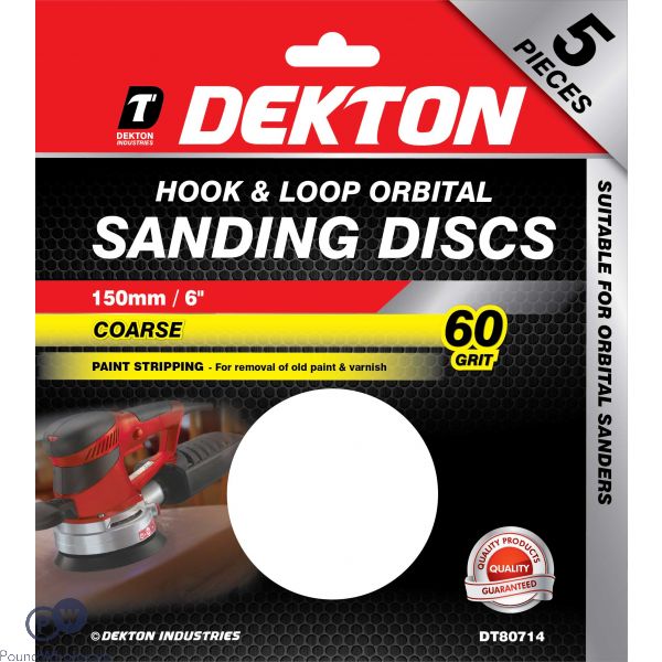 Dekton 150mm Hook & Loop Orbital Sanding Discs 5 Pack 60 Grit