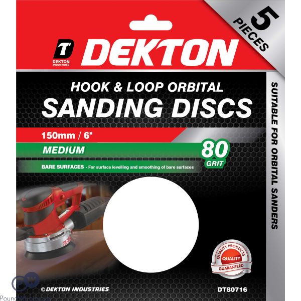 DEKTON 150MM HOOK & LOOP 80 GRIT ORBITAL SANDING DISCS 5 PACK