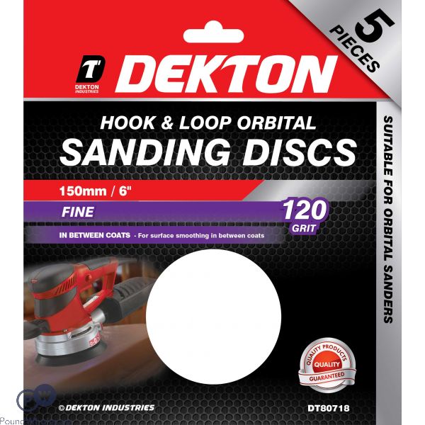 DEKTON 150MM HOOK & LOOP 120 GRIT ORBITAL SANDING DISCS 5 PACK