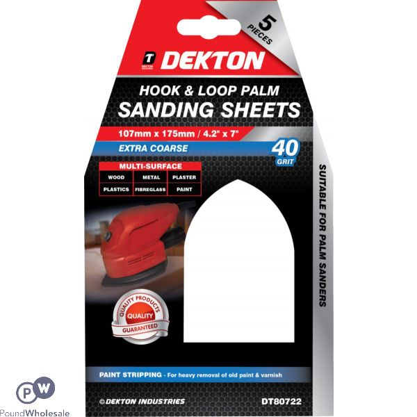 Dekton 107mm X 175mm Hook & Loop Palm 40 Grit Extra Coarse Sanding Sheets 5 Pack