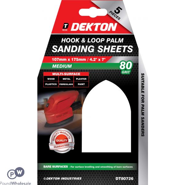 Dekton 107mm X 175mm Hook & Loop 80 Grit Palm Sanding Sheets 5 Pack