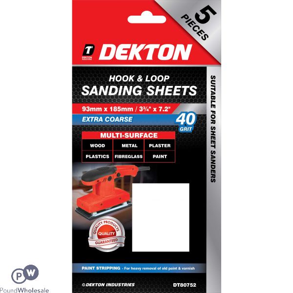 Dekton 93mm X 185mm Hook & Loop 40 Grit Sanding Sheets 5 Pack