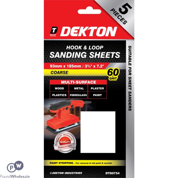 DEKTON 93MM X 185MM HOOK & LOOP 60 GRIT SANDING SHEETS 5 PACK