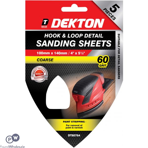 Dekton Hook & Loop Detail 60 Grit Sanding Sheets 100mm X 140mm 5 Pack