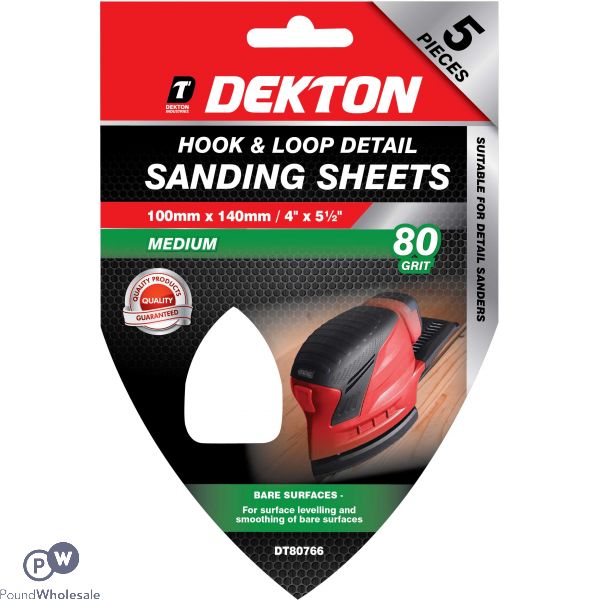 Dekton Hook & Loop Detail 80 Grit Sanding Sheets 100mm X 140mm 5 Pack