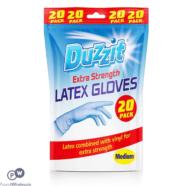 DUZZIT EXTRA STRENGTH LATEX GLOVES MEDIUM 20 PACK