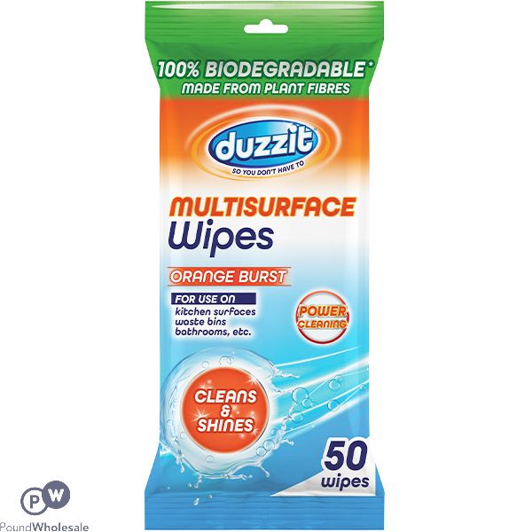 Duzzit Orange Burst Biodegradable Multi-Surface Wipes 50 Pack