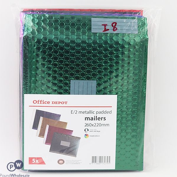 Office Depot E/2 Metallic Padded Mailers 260mm X 220mm Assorted Colours 5pk