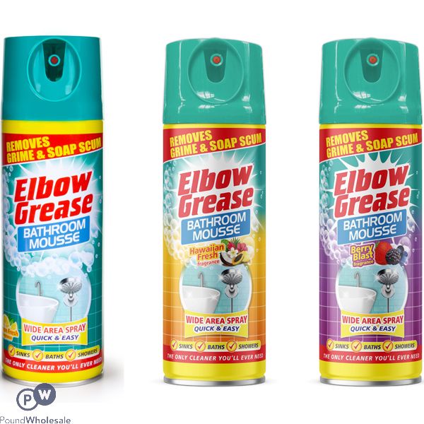 Elbow Grease Lemon Zest, Hawaiian Fresh & Berry Blast Bathroom Mousse Spray 400ml Mixed Case