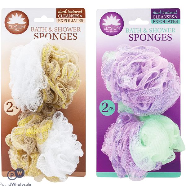 ELYSIUM SPA BATH & SHOWER NET SPONGES 2 PACK ASSORTED COLOURS