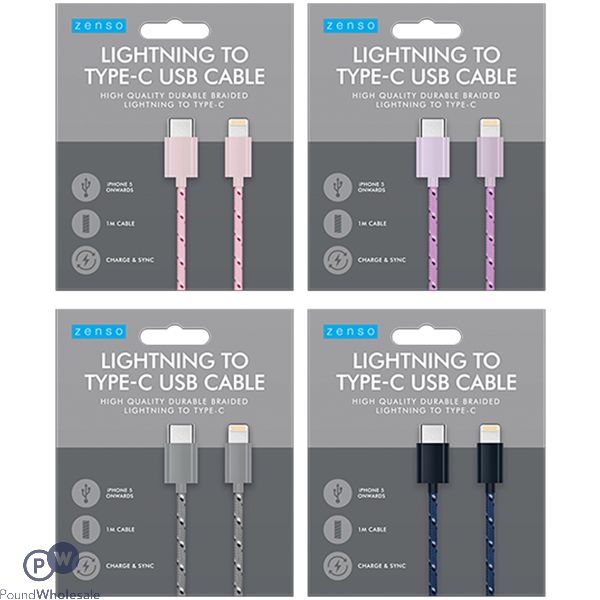 Zenso Lightning Type-C USB Braided Cable 1m Assorted Colours