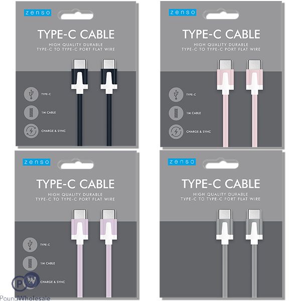 Zenso Flat Type-C to Type-C Cable 1m Assorted Colours