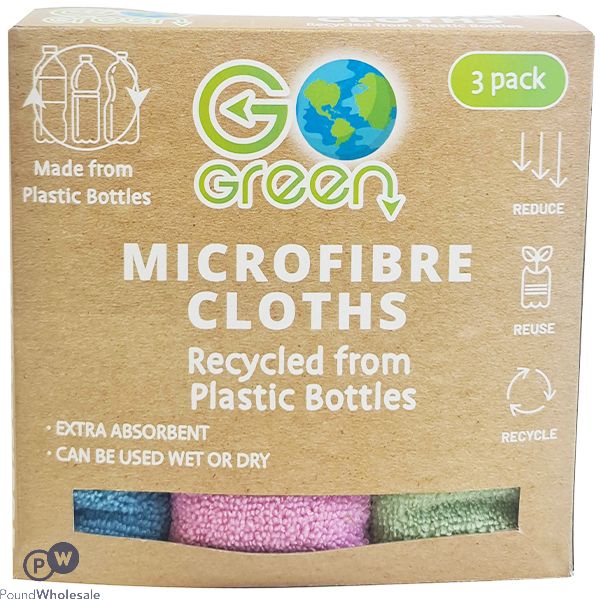 Go Green Assorted Colour Recycled Microfibre Cloths 3 Pack