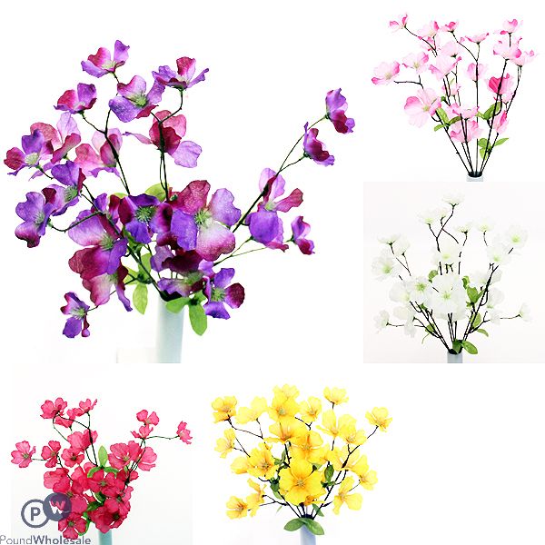 Cherry Blossom Bush Artificial Flower Stems 6pc Assorted Colours