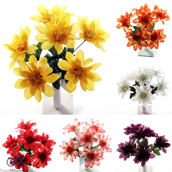 Dahlia Bush Artificial Flower Stem 6pc Assorted Colours