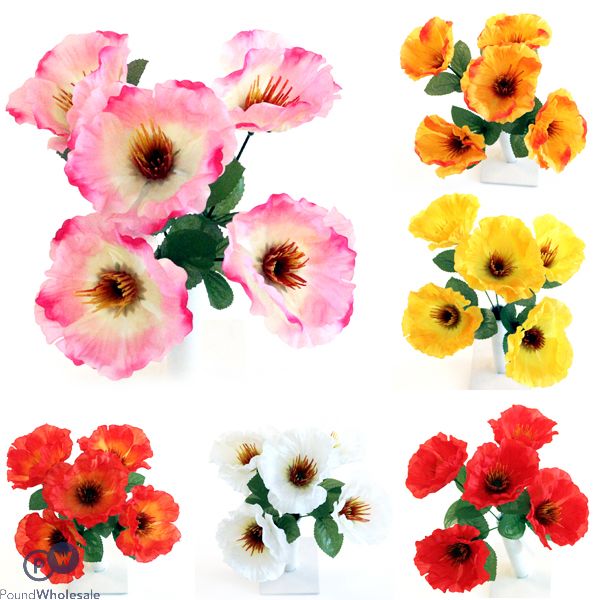 Wild Poppy Bush Artificial Flower Stems 5pc Assorted Colours