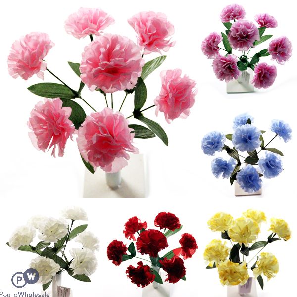 Carnation Bush Artificial Flower Stems 7pc Assorted Colours