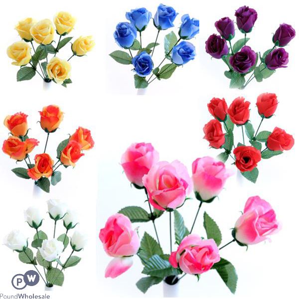 Rose Bud Bush Artificial Flowers 6 Pack Assorted Colours