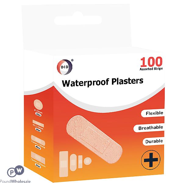 DID WATERPROOF PLASTERS ASSORTED SIZES 100 PACK