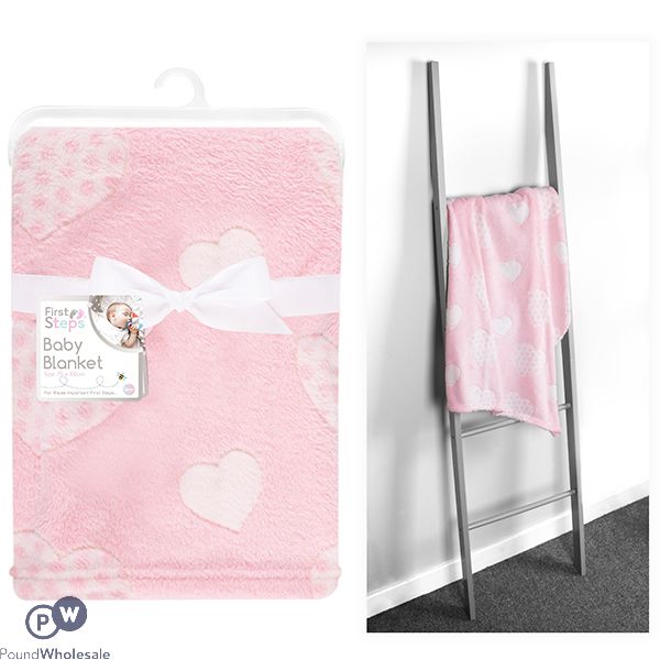 FIRST STEPS PINK HEARTS BABY BLANKET 75CM X 100CM