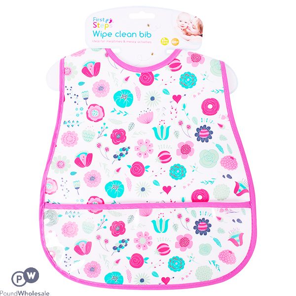 FIRST STEPS PEVA FLORAL WIPE CLEAN BIB WITH POCKET 28CM X 45CM