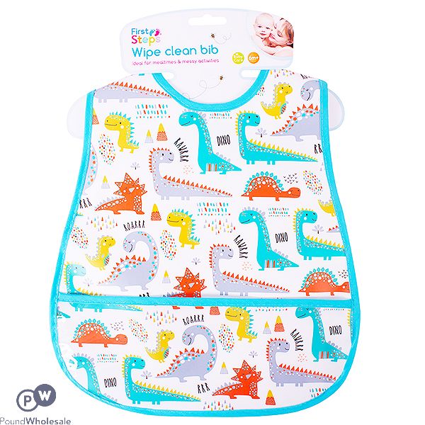 FIRST STEPS PEVA DINOSAUR WIPE CLEAN BIB WITH POCKET 28CM X 45CM