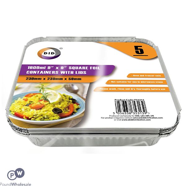 Did Square Foil Containers With Lids 9" 5 Pack 1600ml
