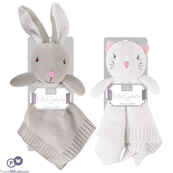 Hugs & Kisses Knitted Bunny & Cat Comforter Assorted 30cm X 30cm