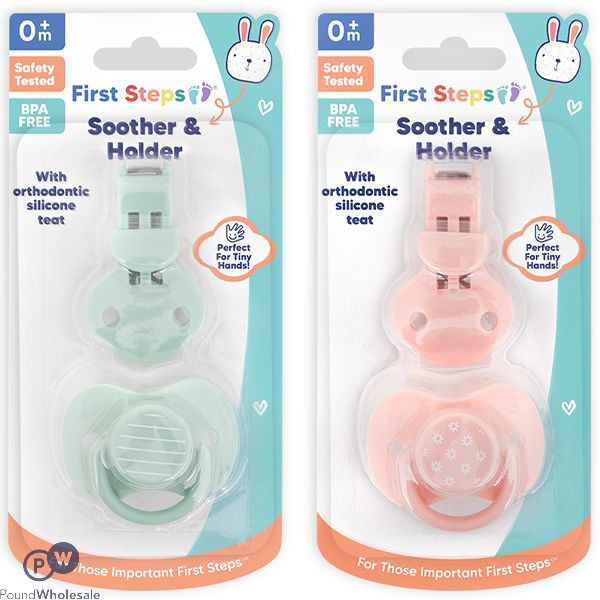 First Steps 0m+ Baby Soother & Holder Set Assorted Colours