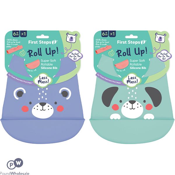 First Steps Dog Print Silicone Feeding Baby Bib Assorted