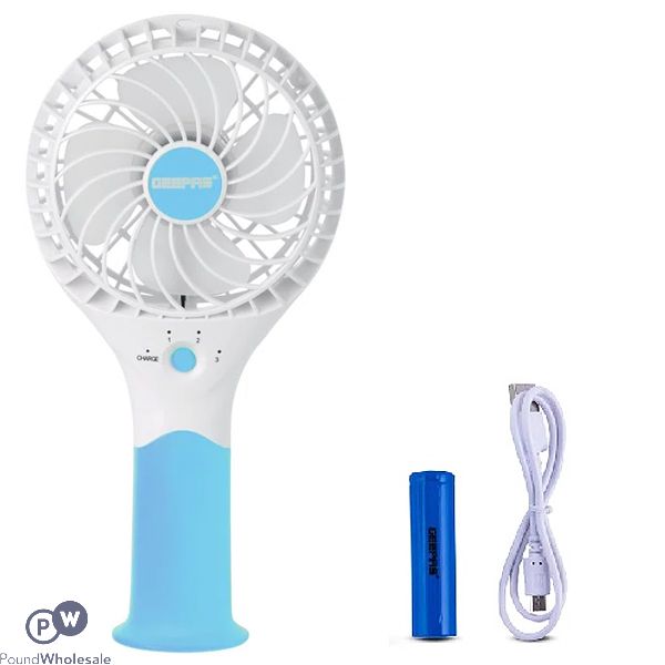 Geepas Blue 3-Speed Rechargeable Handheld Electric Fan