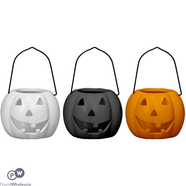 Halloween Pumpkin Tealight Holder With Handle 10cm Assorted Colours