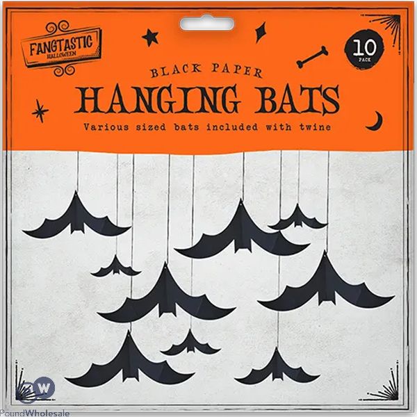 Halloween Assorted Size Twine Black Paper Hanging Bats 5m 10 Pack