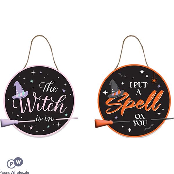 Halloween Hanging Broomstick Witch Plaque 27cm Assorted Colours