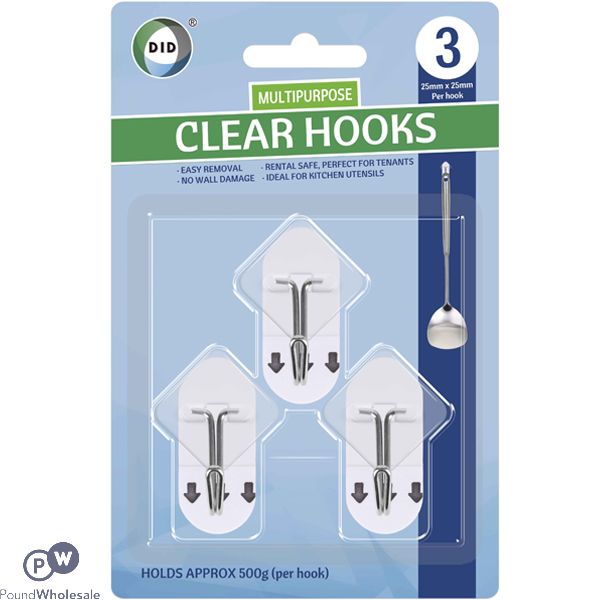 Did 25mm Multipurpose Self-adhesive Clear Hooks 3 Pack