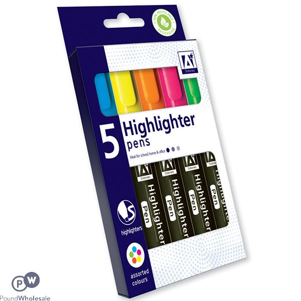 HIGHLIGHTER PENS ASSORTED COLOURS 5 PACK